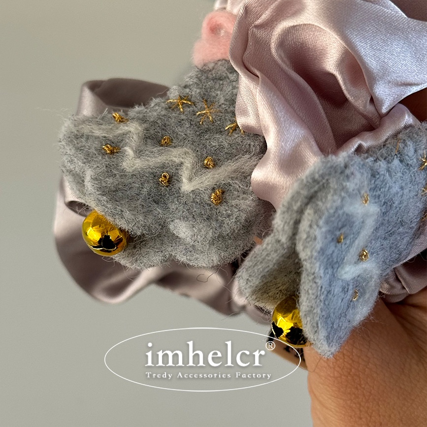 Women Christmas Satin Bow Headband Tree Bell Ponytail Pink Lavender