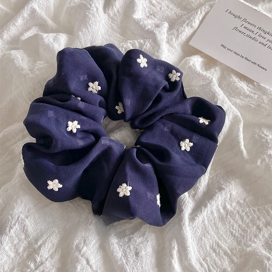 Women's Spring Tulle Hair Tie Navy Blue Ditsy Floral Embroidery