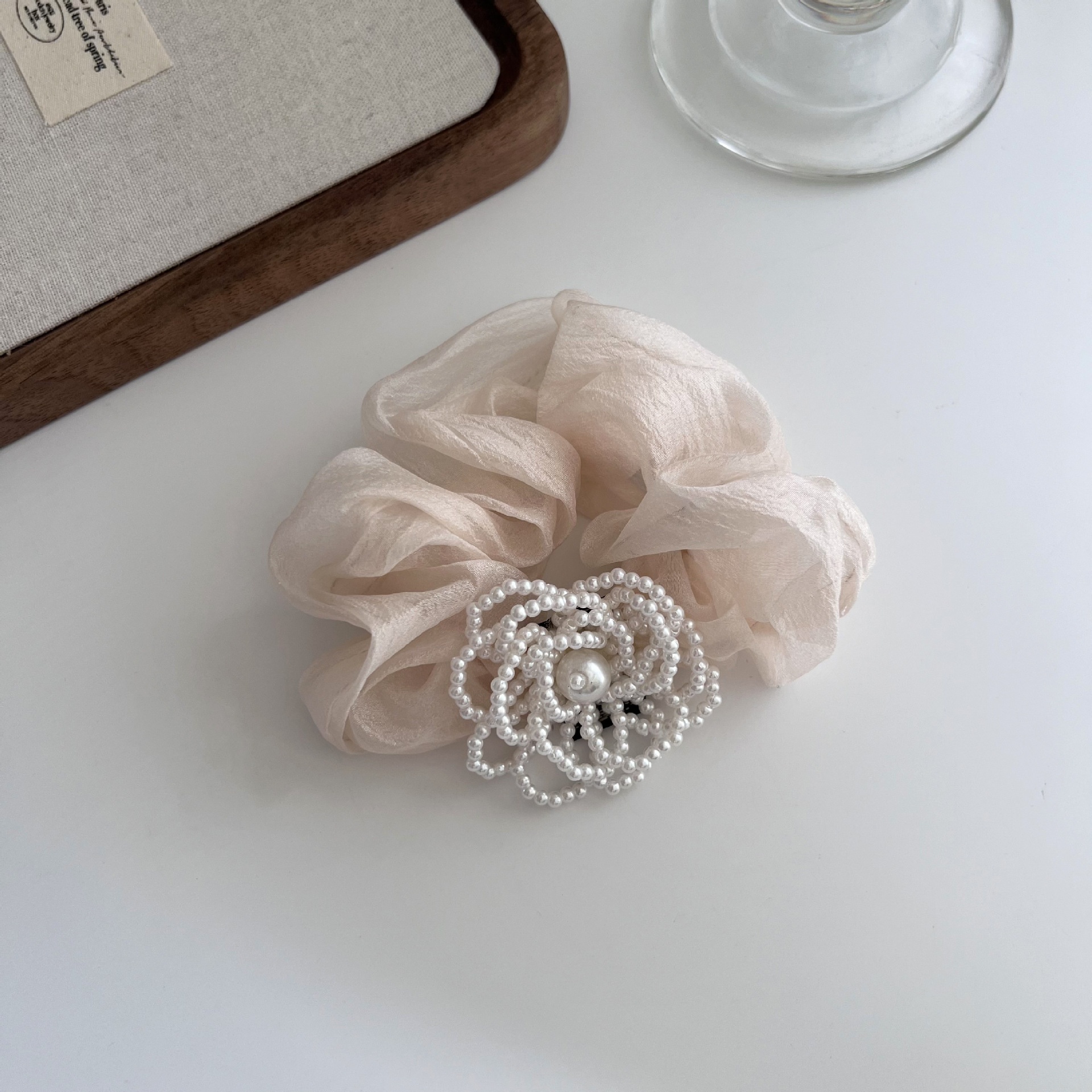 Women's Pearl Floral Mesh Hair Tie Elastic French Bun Solid Color