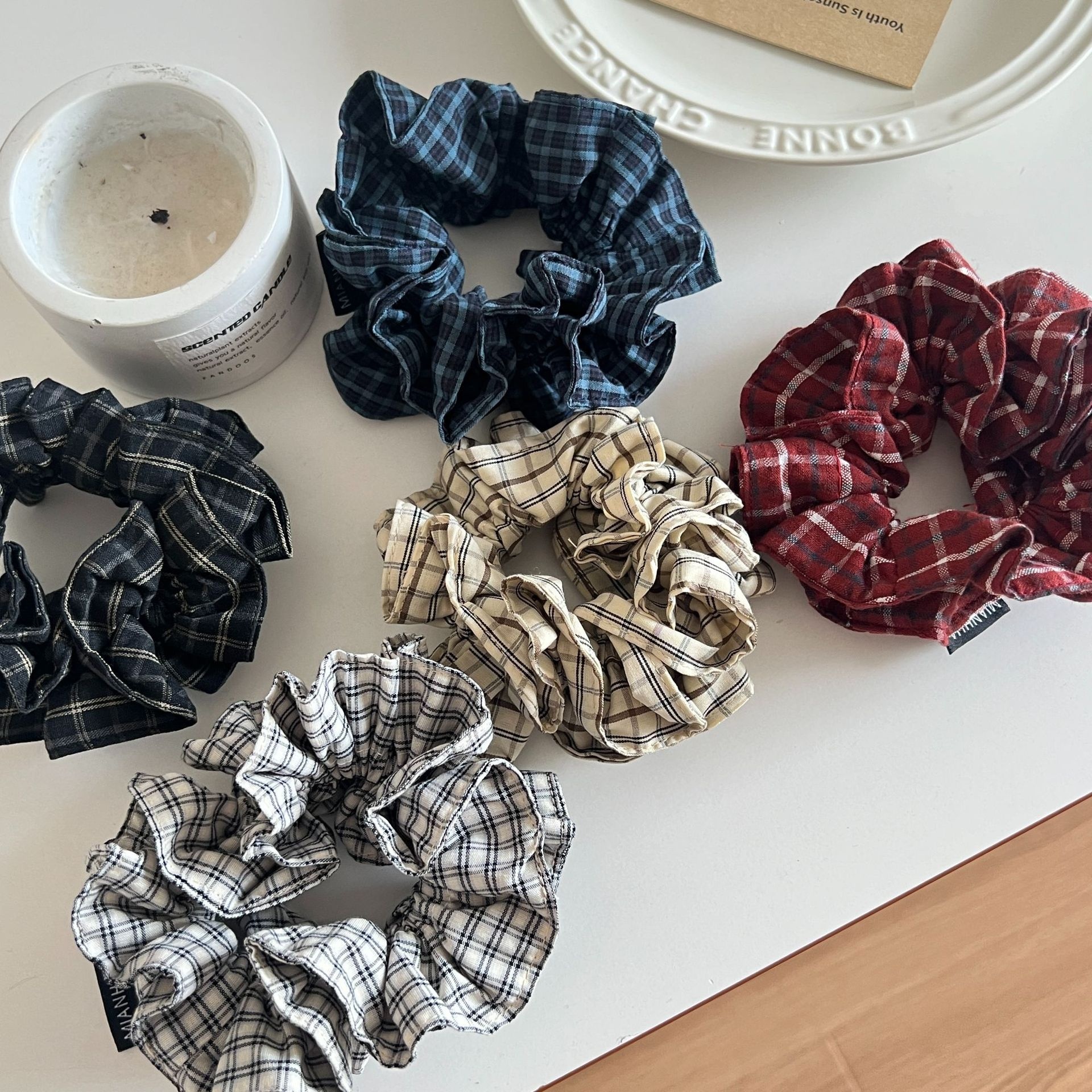 Women's 3D Volumizing Cloth Hair Scrunchies Double Layer Plaid
