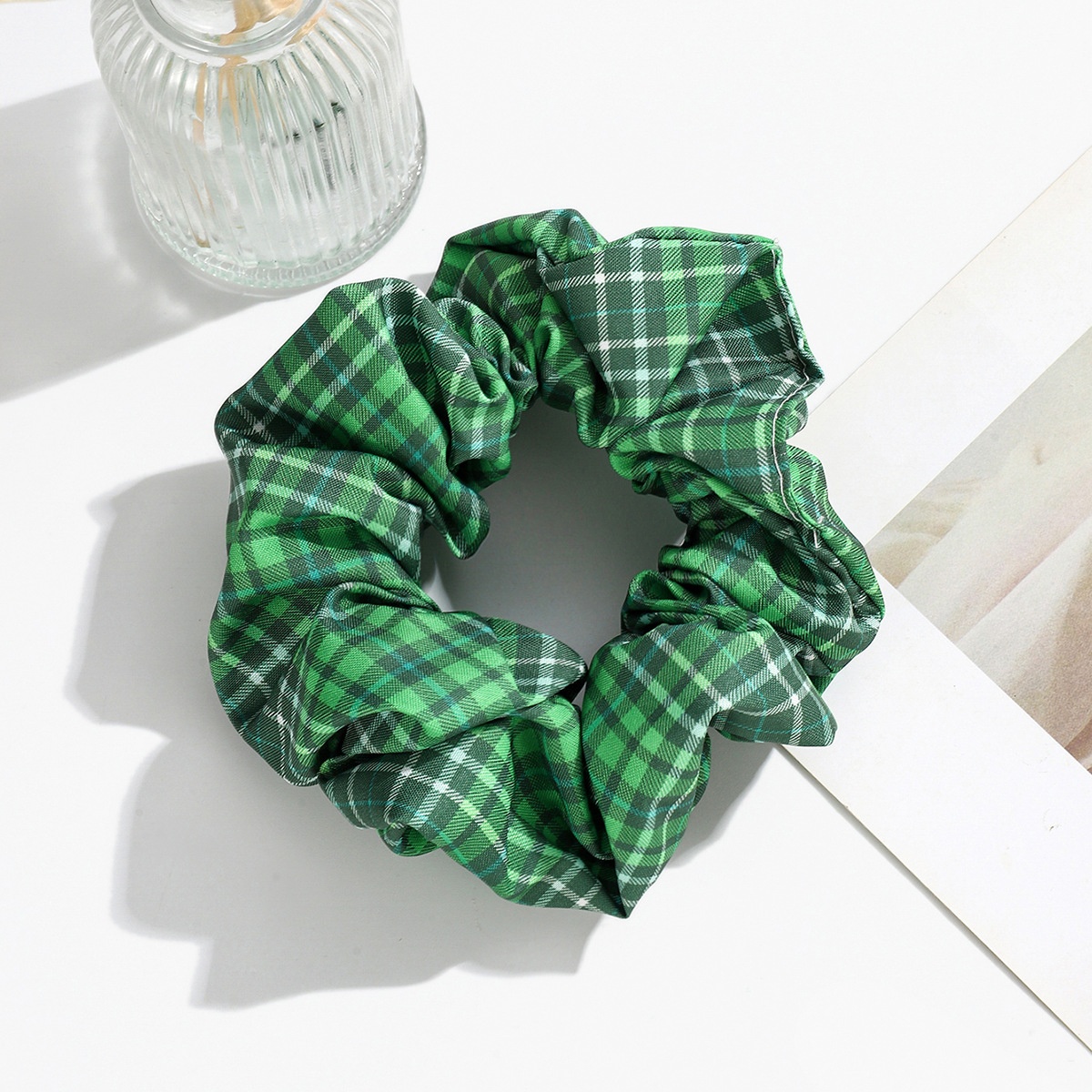 Women's St. Patrick Fabric Scrunchie Green Four-Leaf Clover Plaid