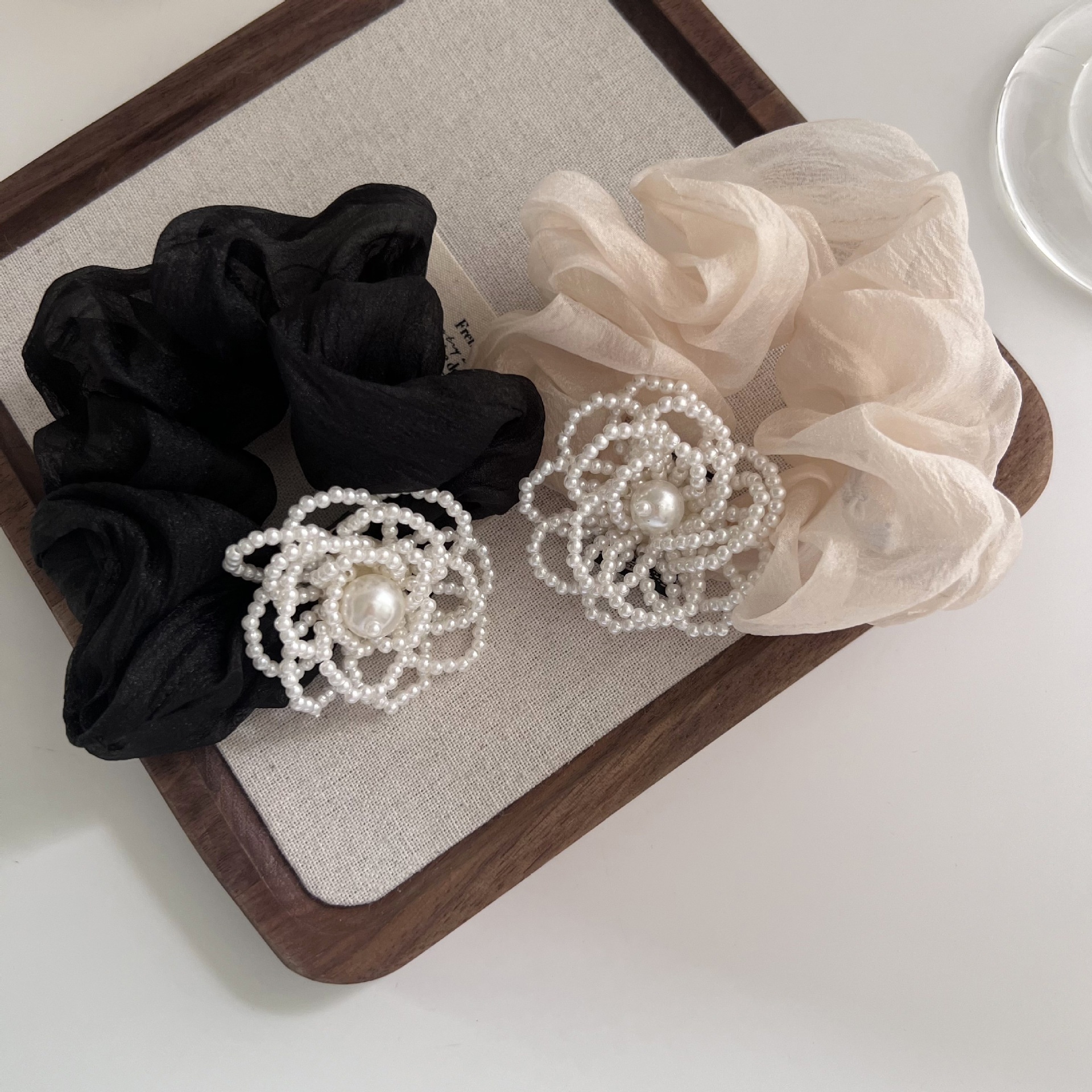 Women's Pearl Floral Mesh Hair Tie Elastic French Bun Solid Color
