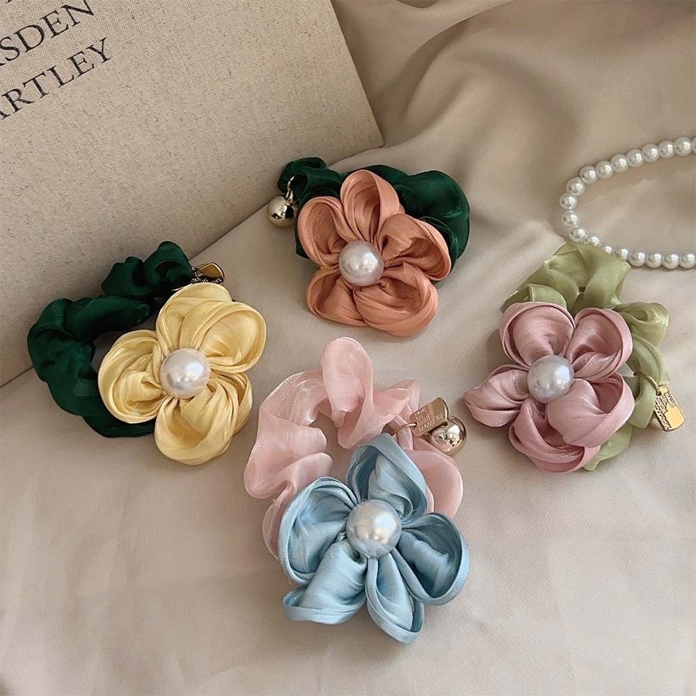 Women's Retro Satin Pearl Elastic Ponytail Holder Summer Floral Hairband