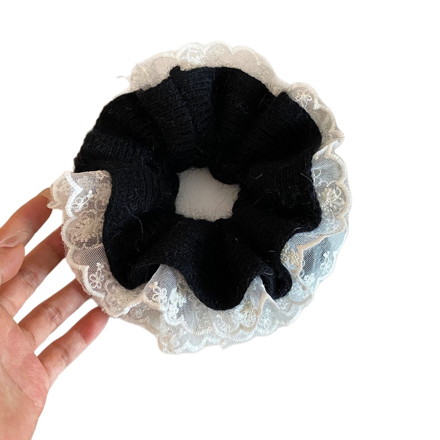 Women's Soft Knitted Lace Oversized Hair Tie Grey Elastic Ponytail Band