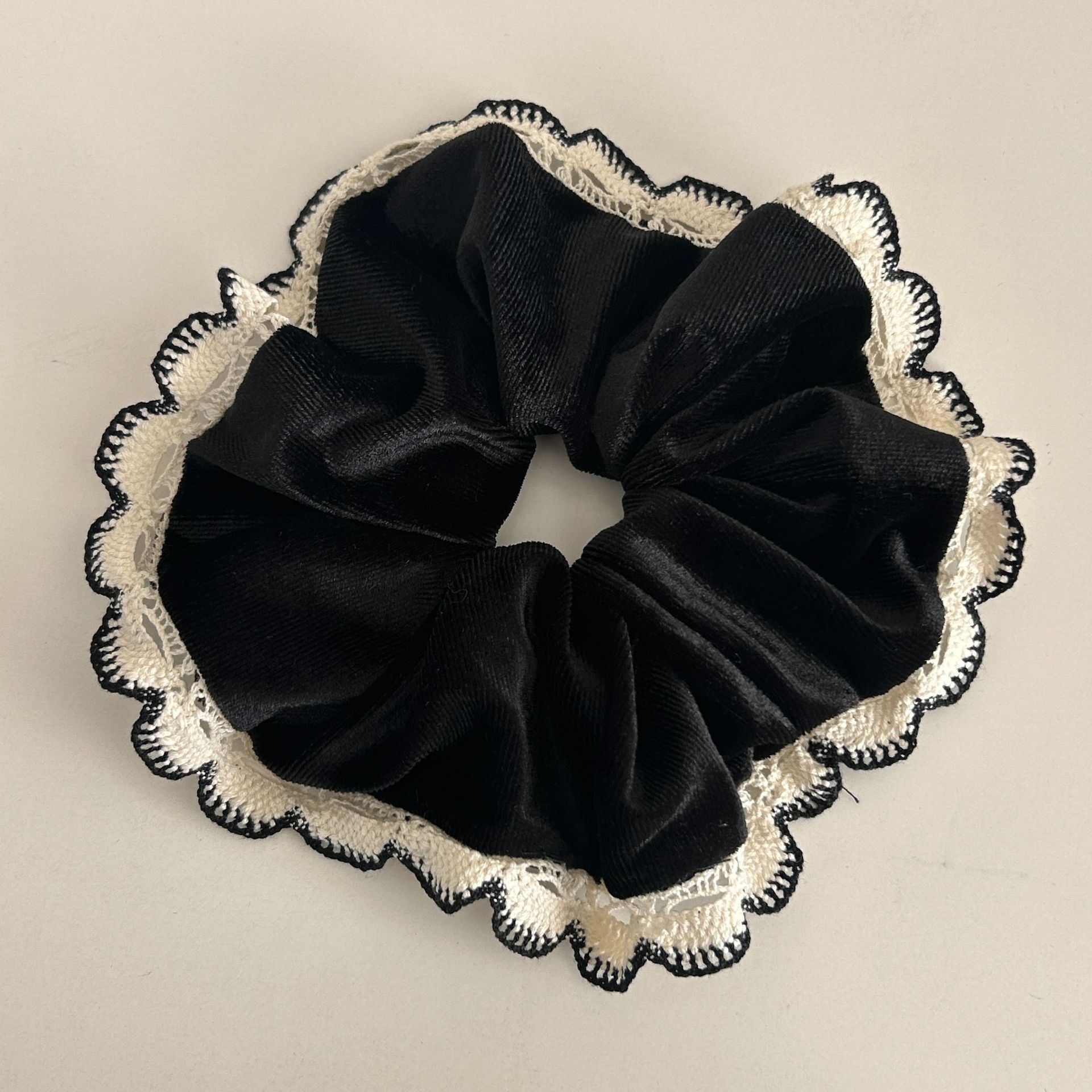 Women's French Vintage Velvet Lace Bowknot Elastic Hairband Coffee Black