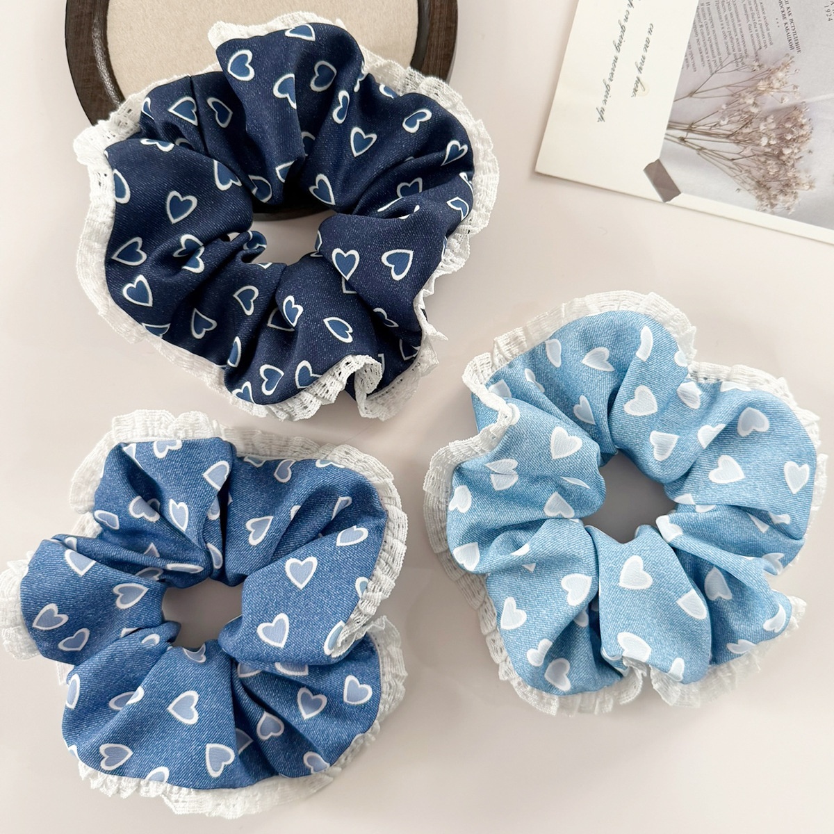 Women Denim Hairband Large Lace Edge Heart Shape Blue Hair Accessories