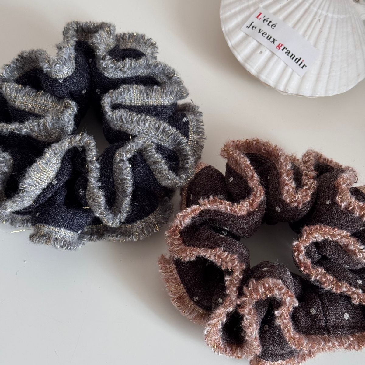 Women's Winter Cozy Plush Knit Hair Tie With Coffee Polka Dots