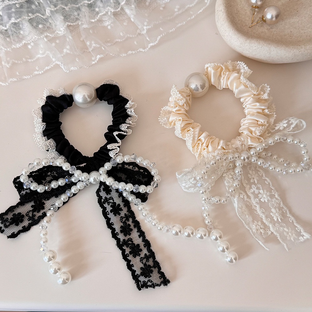Women's Fairy Pearl Bowknot Lace Hair Tie For Spring Summer Black & Beige