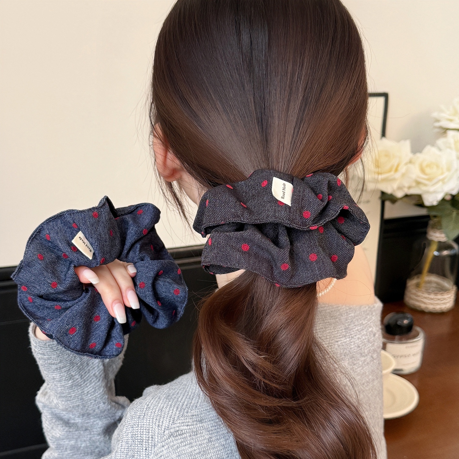 Women Large Denim Fabric Flower Tail Bun Hair Tie Multicolor Spot
