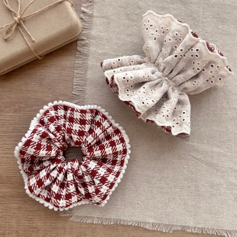 Ladies Christmas Cotton Multi-Layer Hair Tie Scrunchie Red Plaid