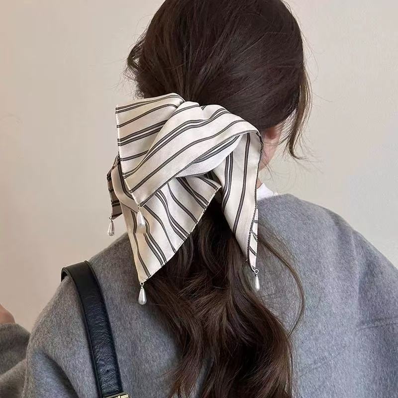 Women's Daily Satin Scarf Elastic Hair Tie Black White Stripes