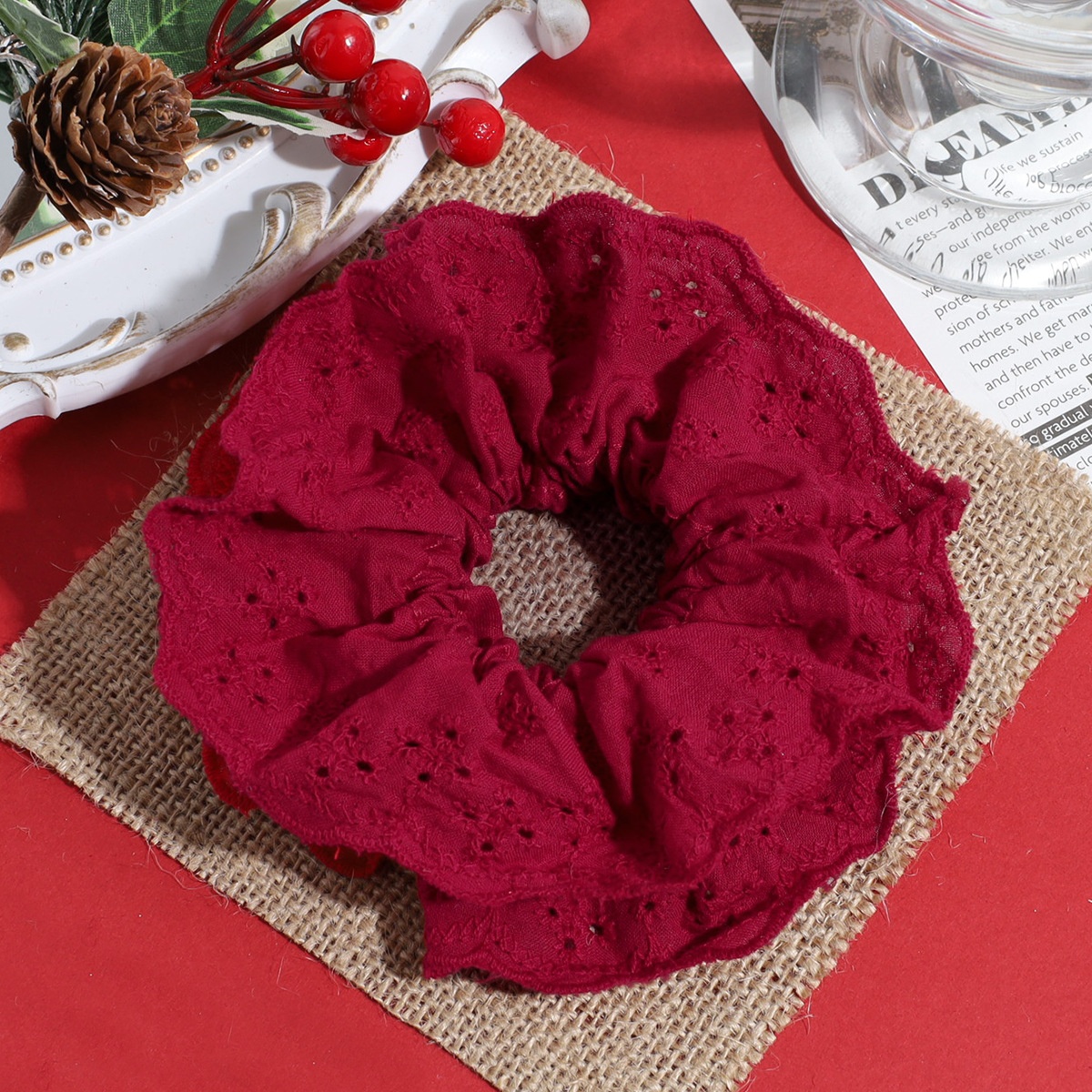 Women's Autumn Winter Fluffy Knit Hair Scrunchie Classic Red Plaid