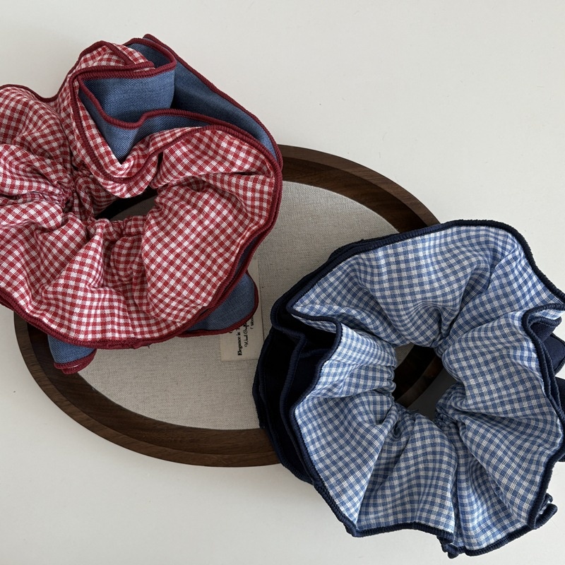 Women's Fabric Multi-Layer Hair Scrunchie Preppy Color Block Plaid