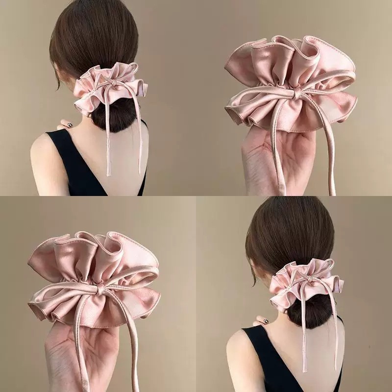 Ladies Double Layer Satin Elastic Ponytail Hair Scarf Bow Knot