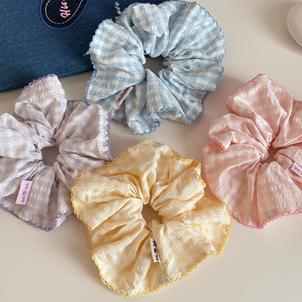 Women's Spring Cloth Bubble Braid Hair Rope Accessory Yellow Plaid