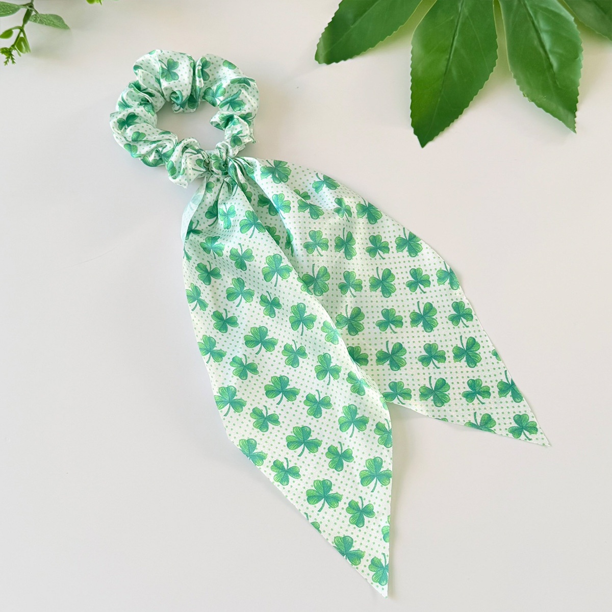 Women's St. Patrick's Cloth Ribbon Hair Tie Green Clover Print