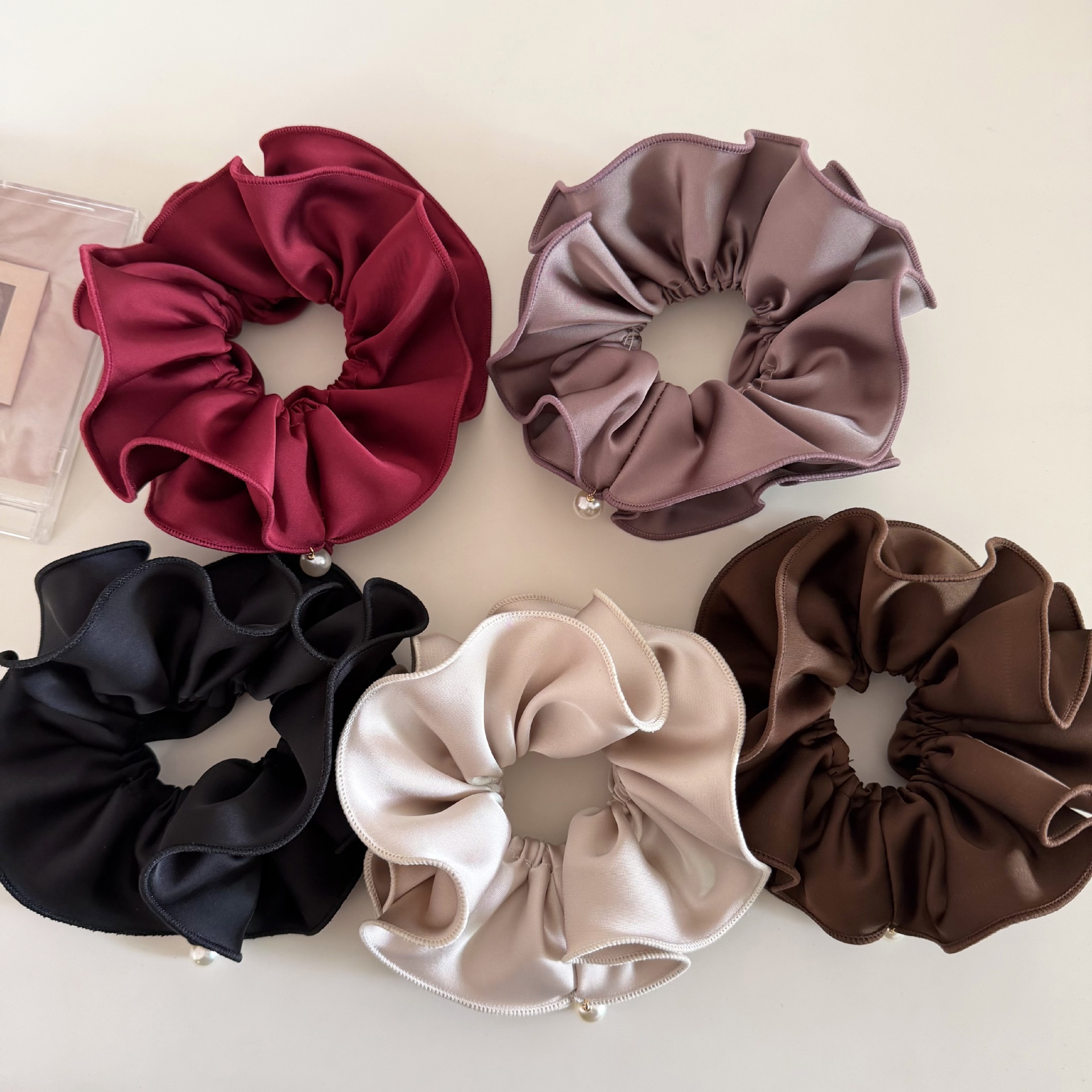 Women's Satin Ruched Bowknot Hair Tie Soft Pearl Elegant Solid Color