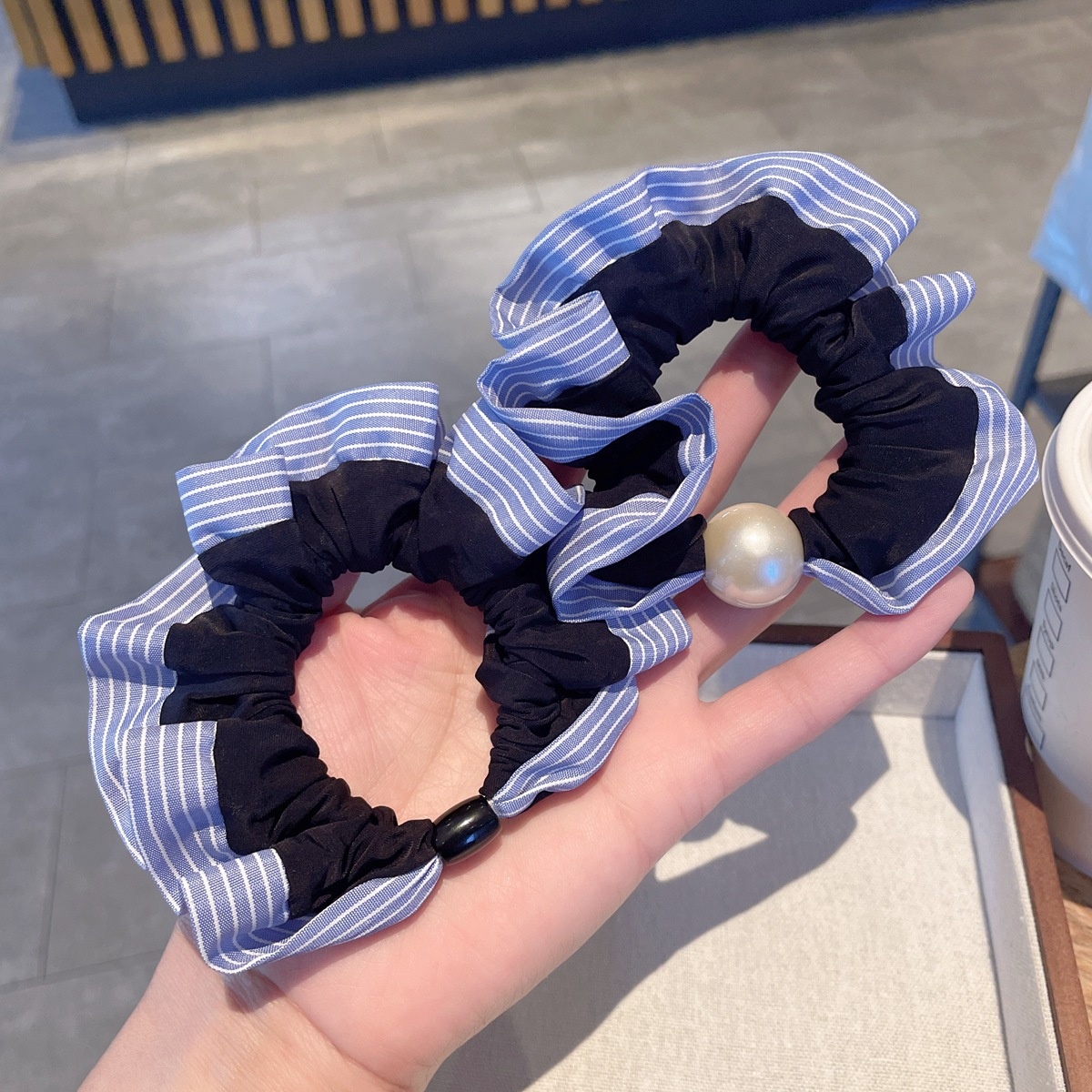 Women's Summer Pearl Rubber Band Hair Tie Accessory Blue Striped Cloth