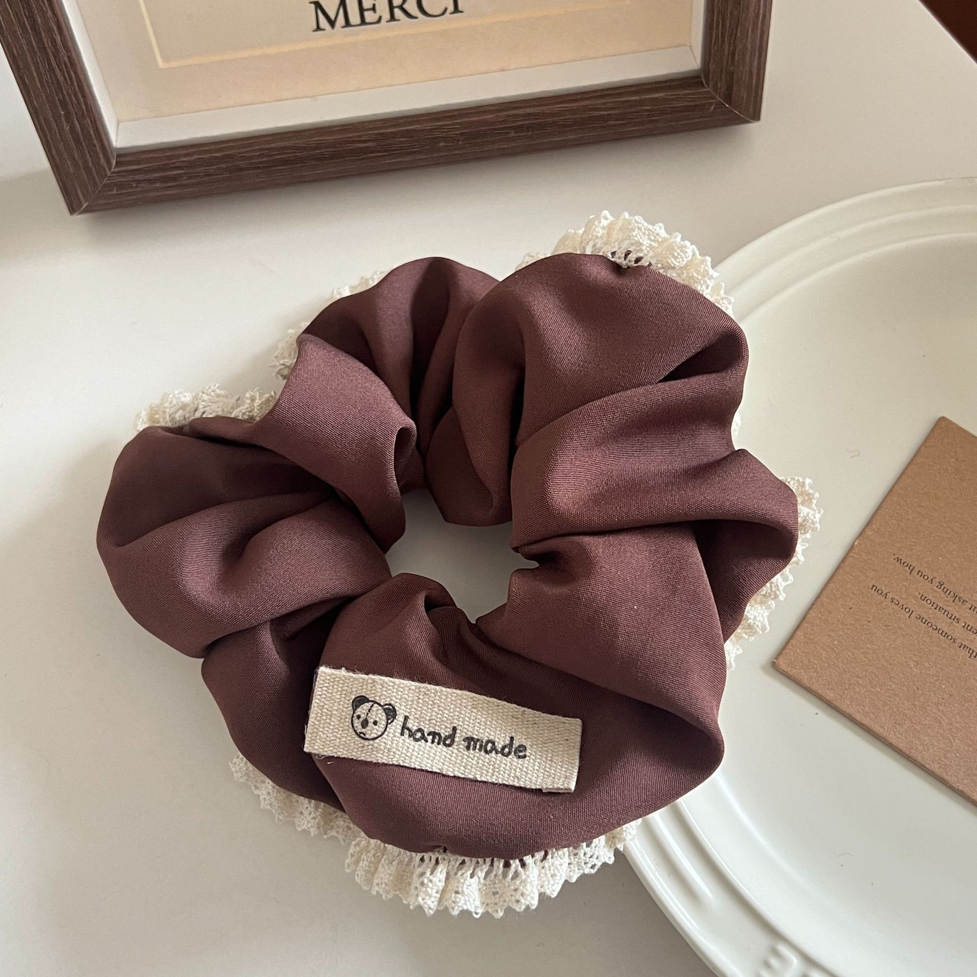 Women's Vintage Forest Lace Bun Scrunchie Hair Tie Coffee Plaid Cloth