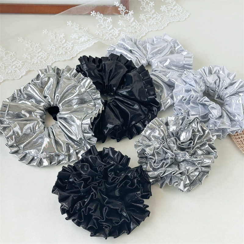 Women's Elegant Satin Pleated Hair Tie Silver Embroidered Flower