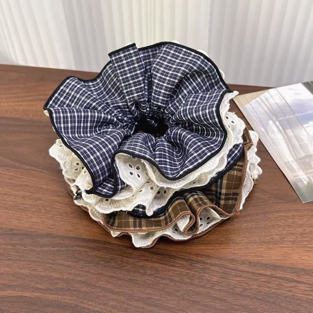 Women's Double Layer Cloth Lace Low Bun Hair Tie Plaid Pattern