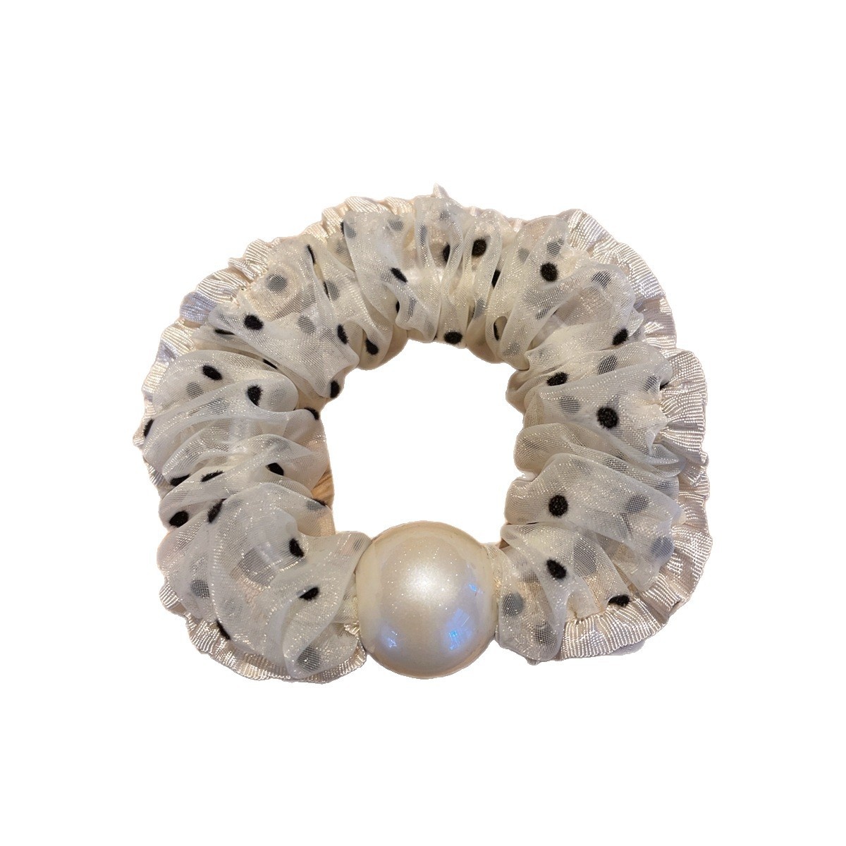 Women's Summer French Style Gauze Pearl Hair Tie Black Polka Dots