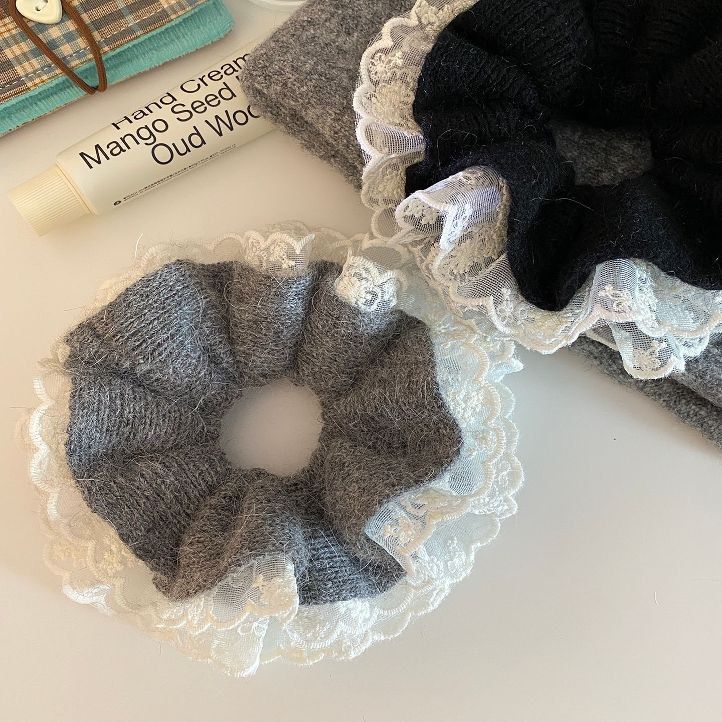 Women's Soft Knitted Lace Oversized Hair Tie Grey Elastic Ponytail Band