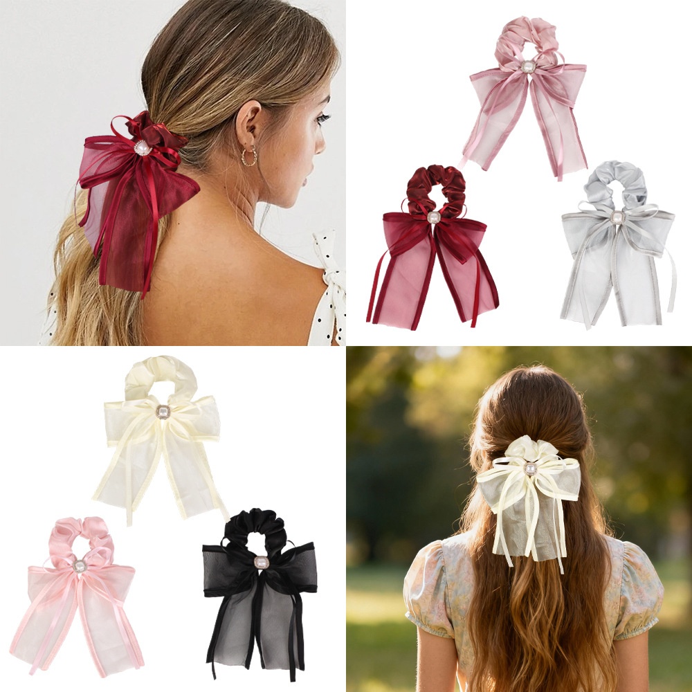 Women's Elegant Lace Mesh Hair Tie Princess Pearl Bowknot Multi-Color