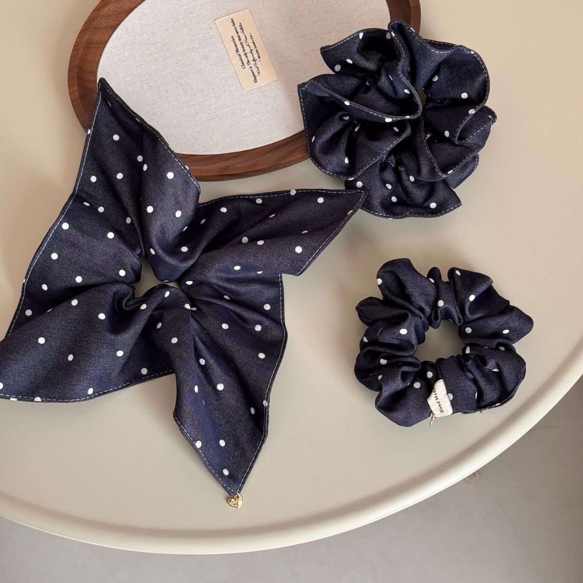 Women's Elegant Denim Cloth Scarf Hair Tie Dark Blue Polka Dot
