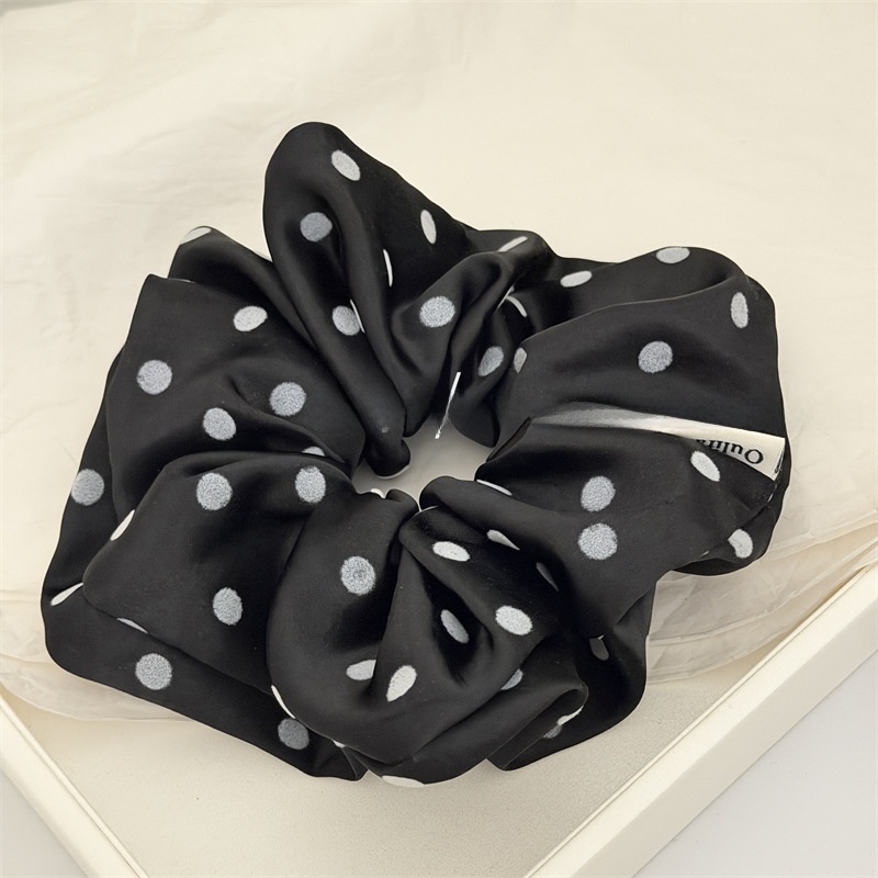 Women's Spring Flocking Satin Hair Tie Scrunchie Black Polka Dots