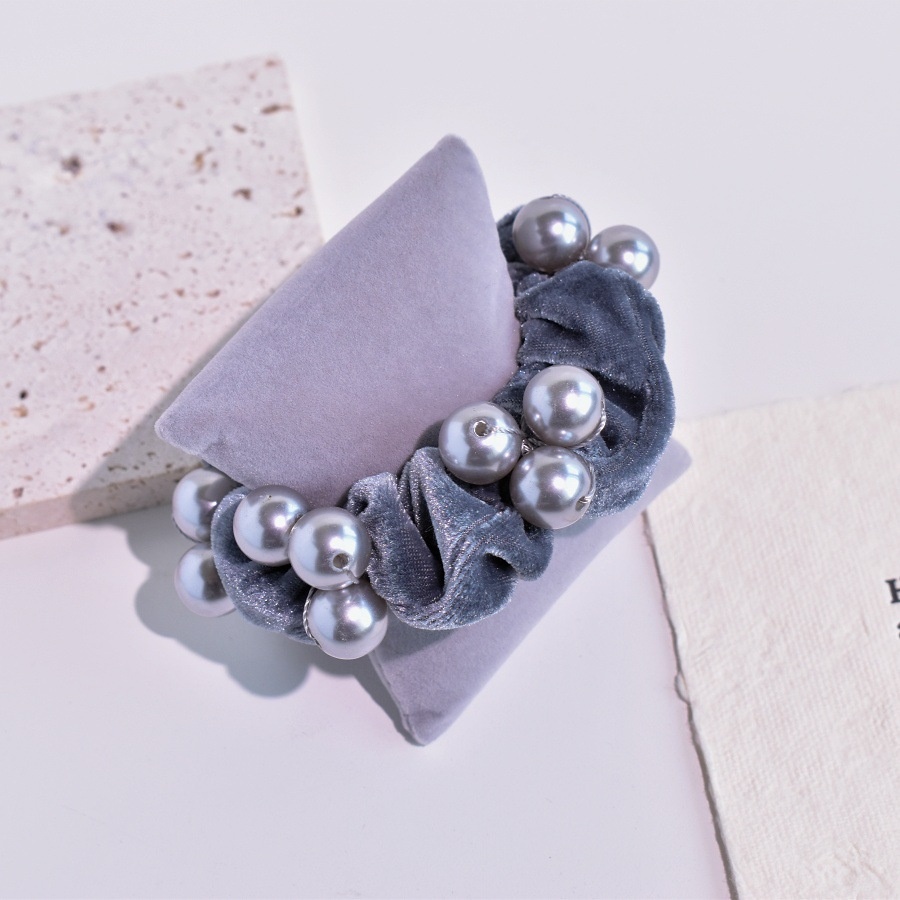 Women's Elegant Velvet Pearl Bow Hair Tie Dark Coffee Grey Black