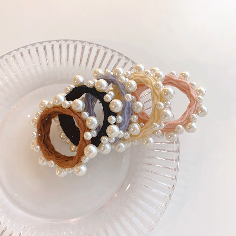 Women's Milk Tea Oval Pearl Hair Ties Seamless Elastic Handmade Towel Rings