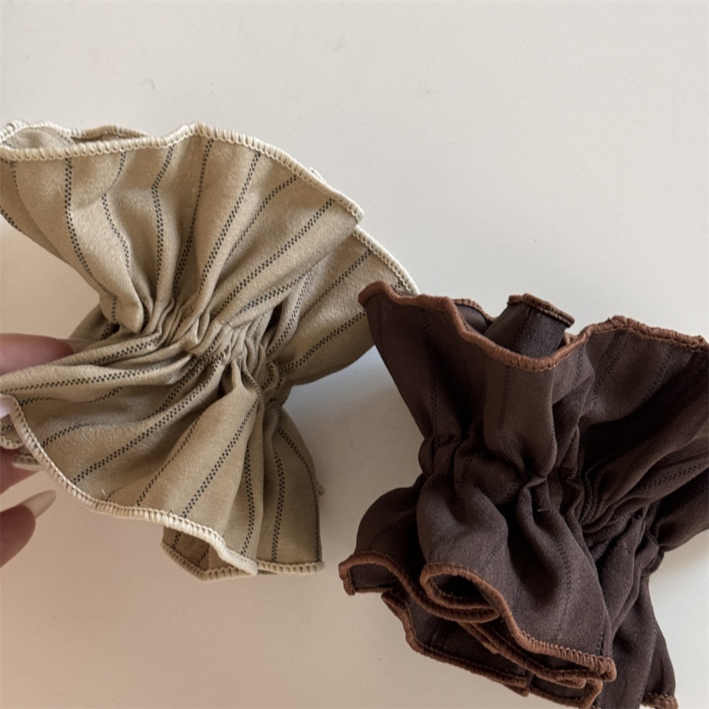 Women Elegant Low Bun Hair Scrunchie Elastic Striped Cloth Coffee Beige