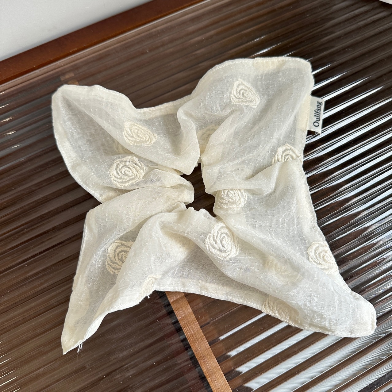 Women's Elegant Beige Gauze Hair Tie with Delicate Rose Embroidery