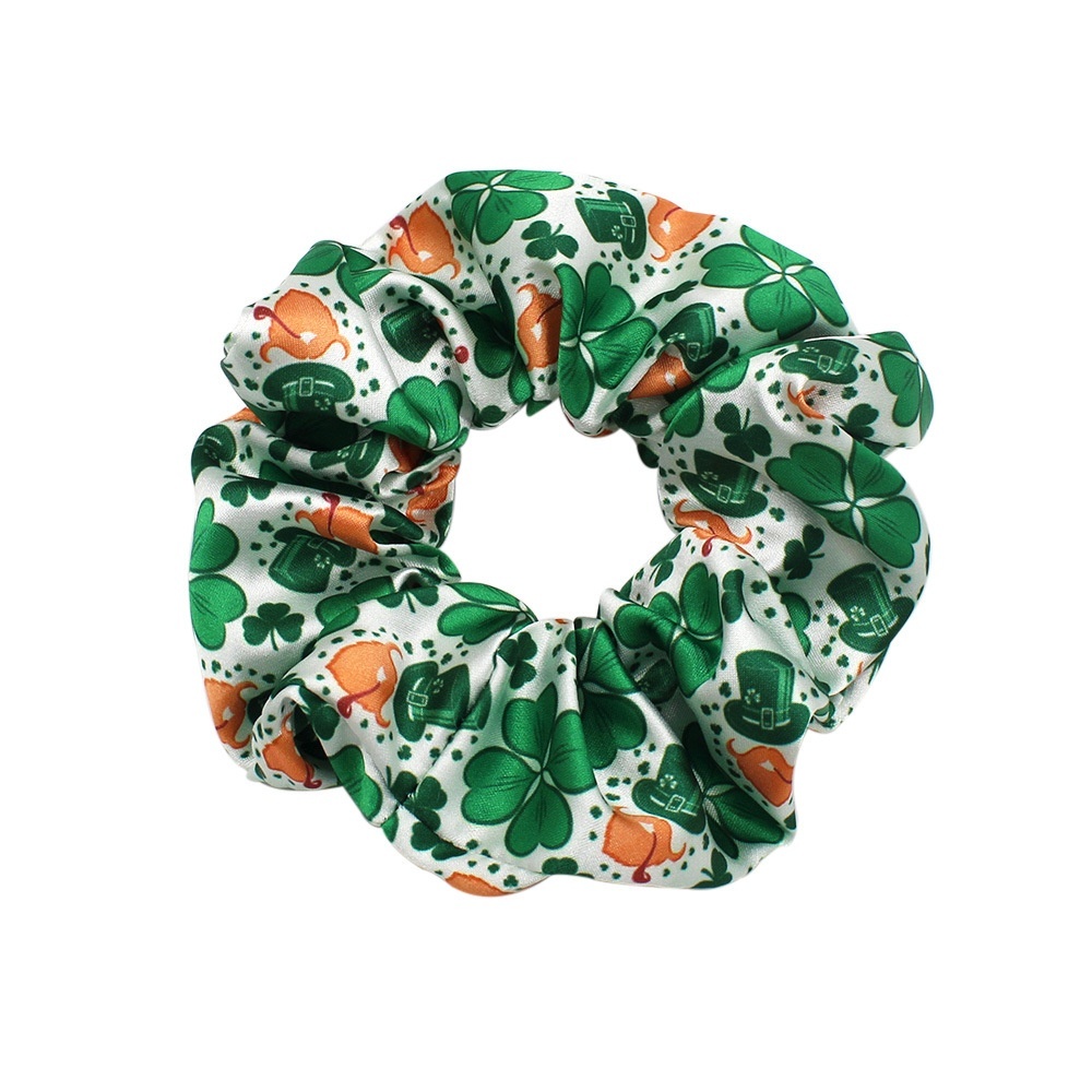 Women's 5PCS St. Patrick's Day Green Shamrock Big Bow Silk Printed Hair Ties