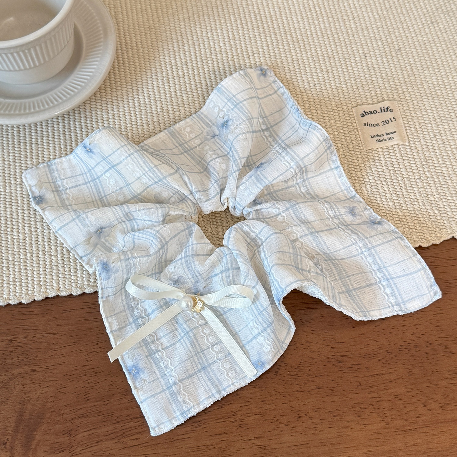Women's Sweet Spring Summer Lace Bow Cloth Hair Tie Pink Blue Plaid