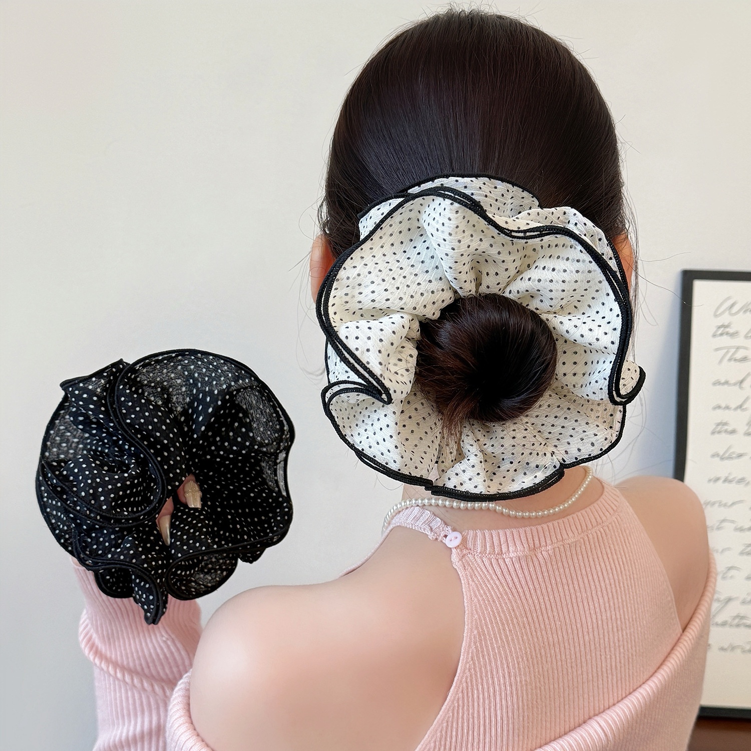 Women's Elegant Spring Soft Gauze Hair Tie Black Polka Dots