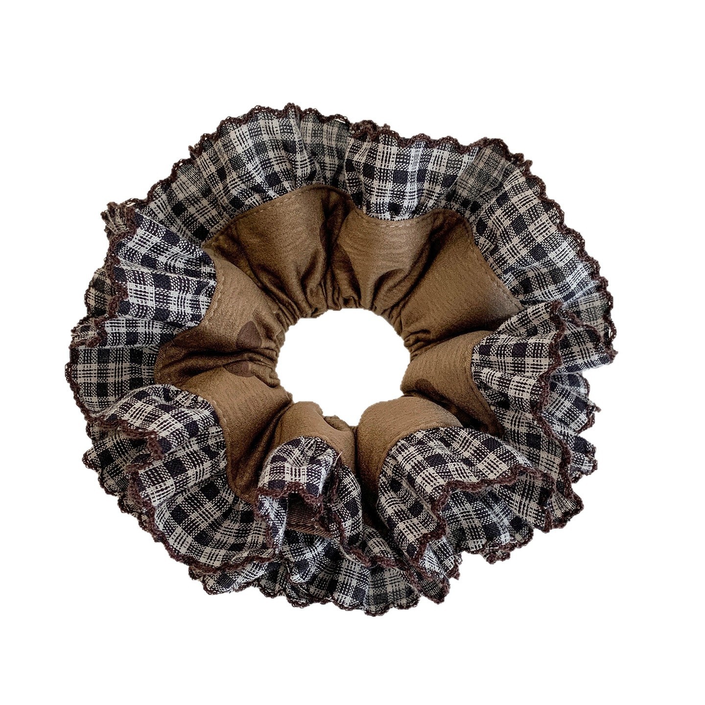 Women's Preppy Style Satin Spring Hair Tie Scrunchie Coffee Plaid