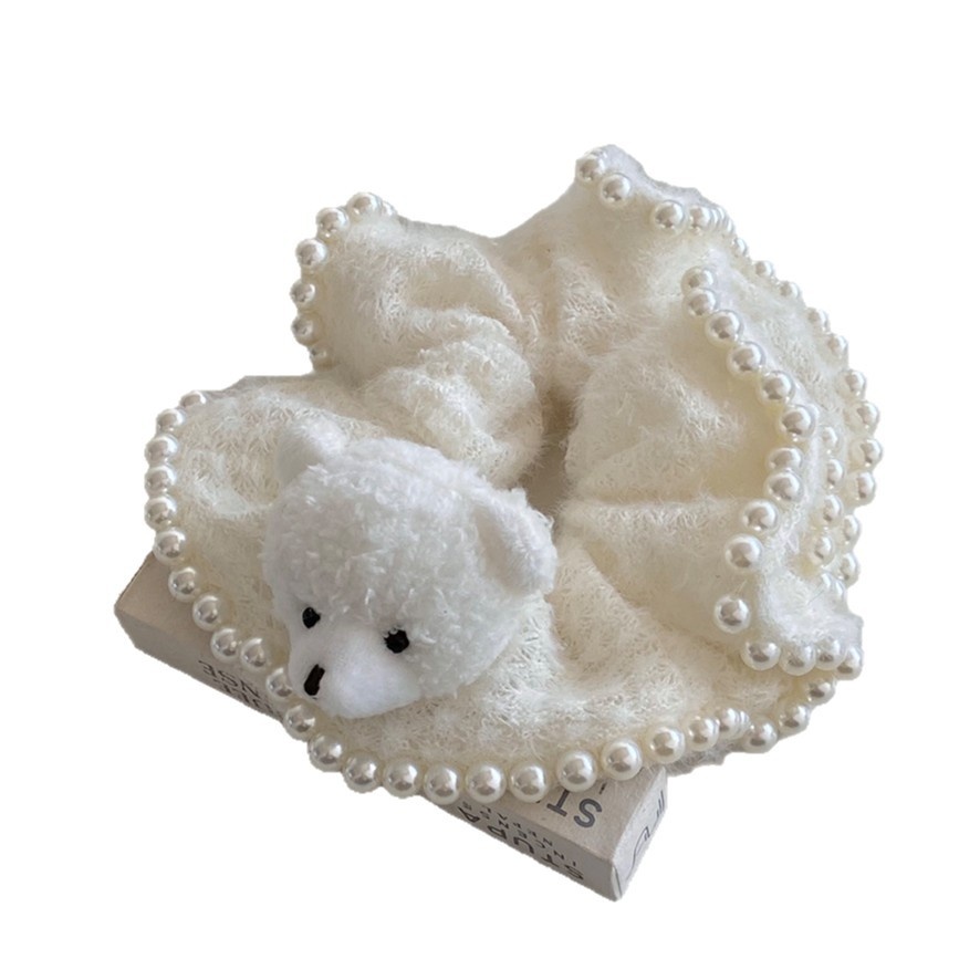 Women's Handmade Plush Pearl Edge Hair Tie All Seasons White Little Bear