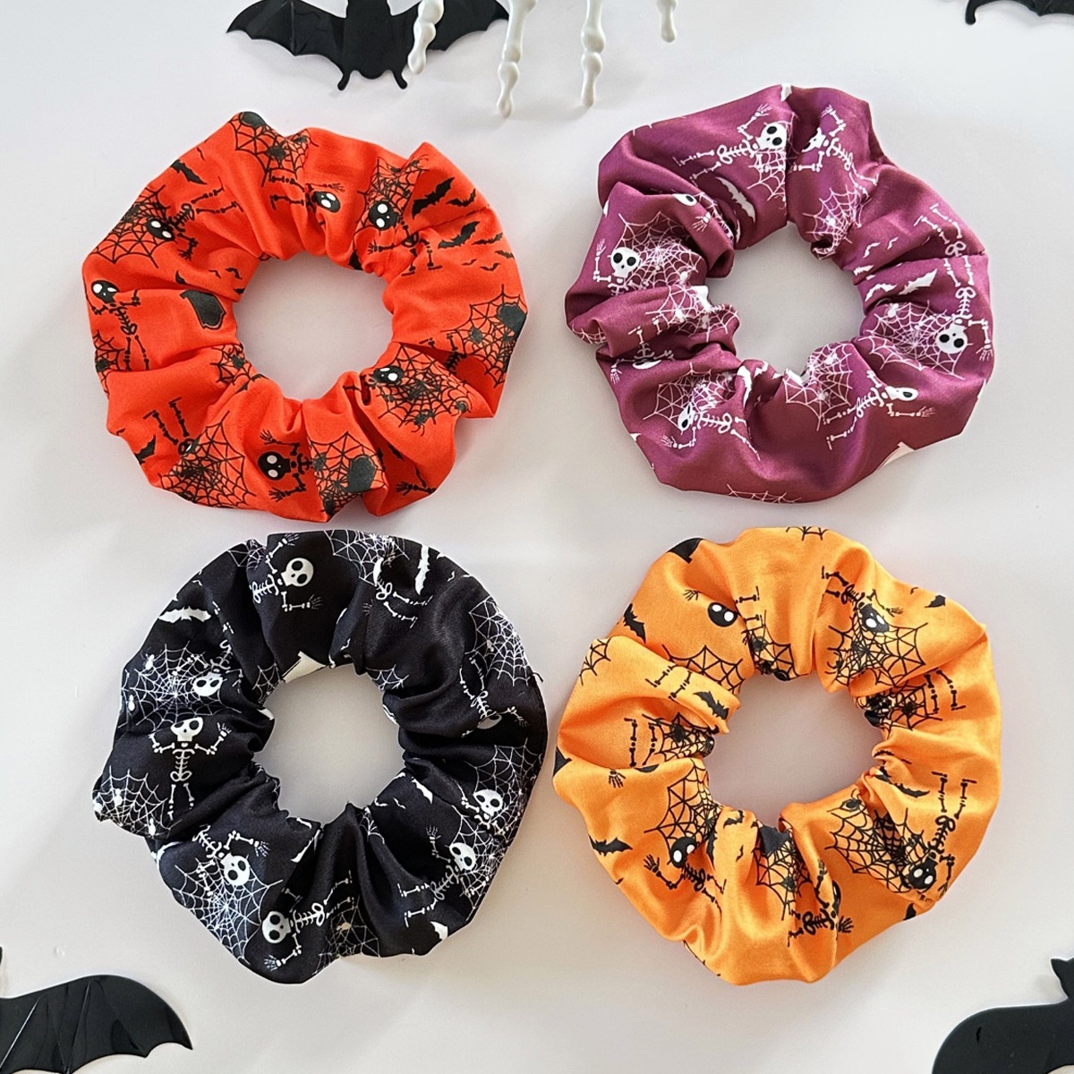 Women's Handmade Cloth Hair Ties Spooky Halloween Skull Spider Web Print
