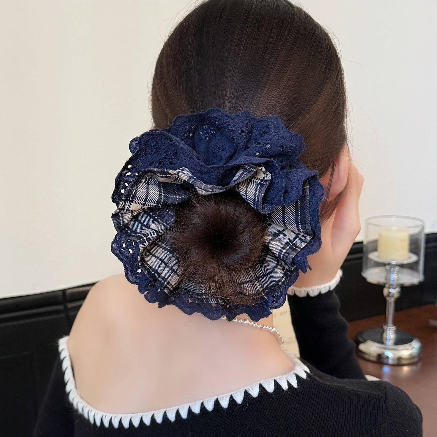 Women's Casual Cloth Lace Scrunchie Hair Tie Navy Blue Checkered