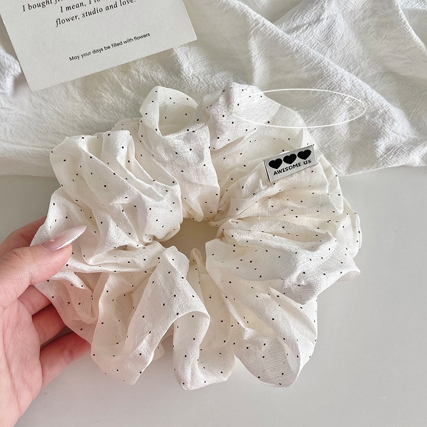 Women's Spring Cloth Hair Tie Scrunchie White Polka Dots Heart Pattern