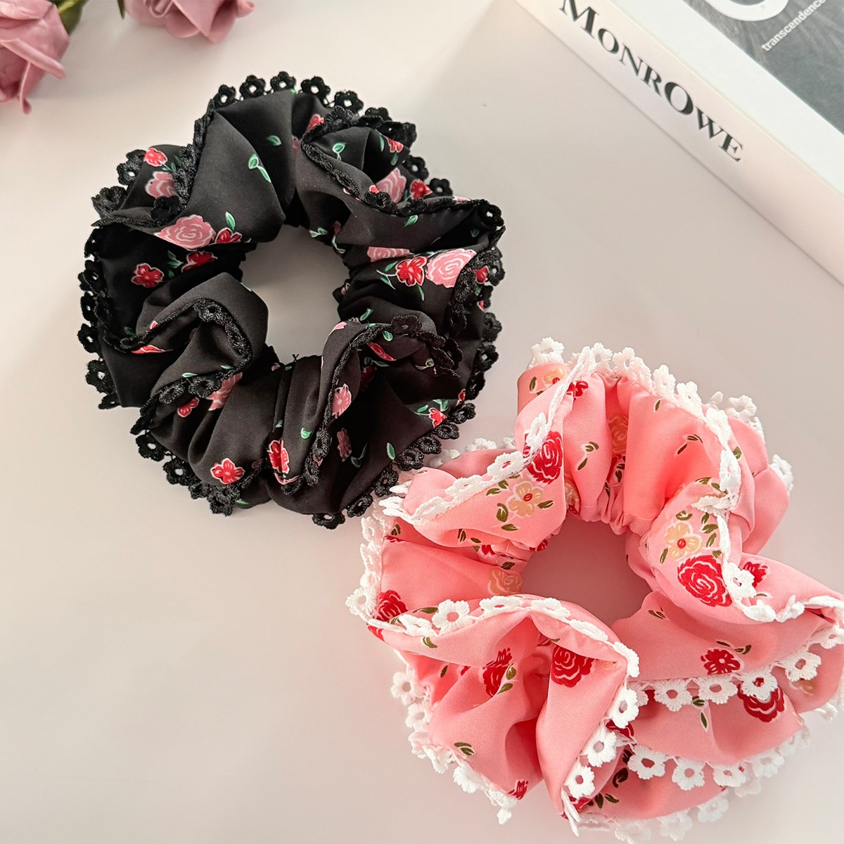 Women's Valentine Double Layer Lace Hair Scrunchie Rose Flower
