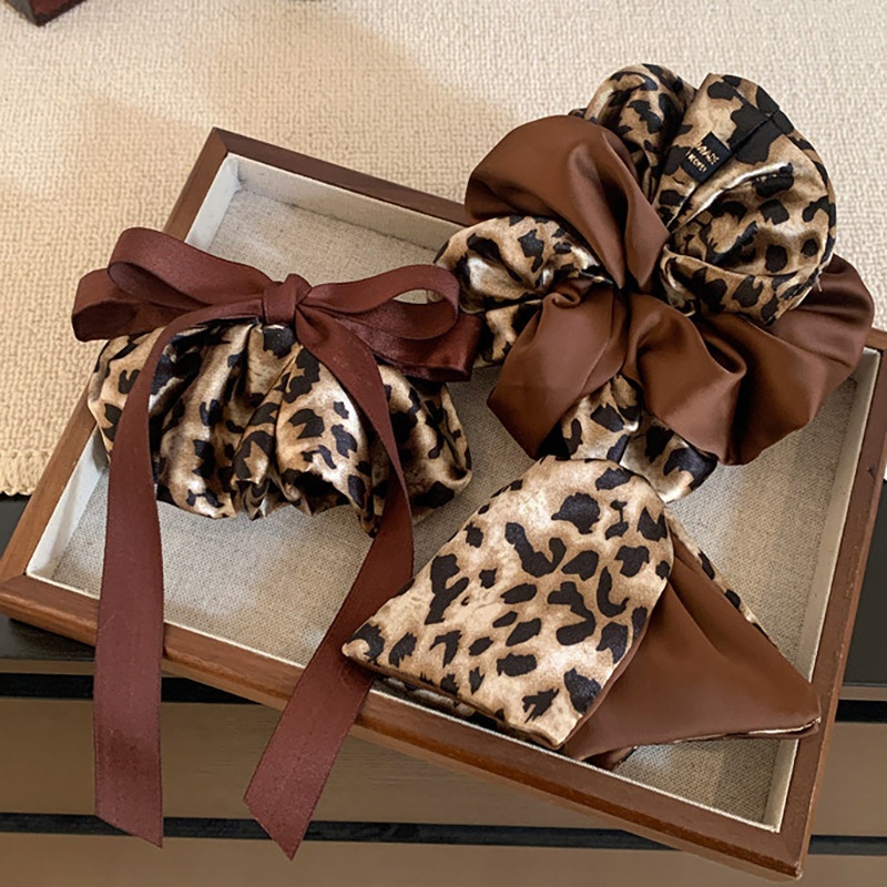 Women Autumn Winter Satin High Bun Hair Tie Yellow Brown Leopard Print