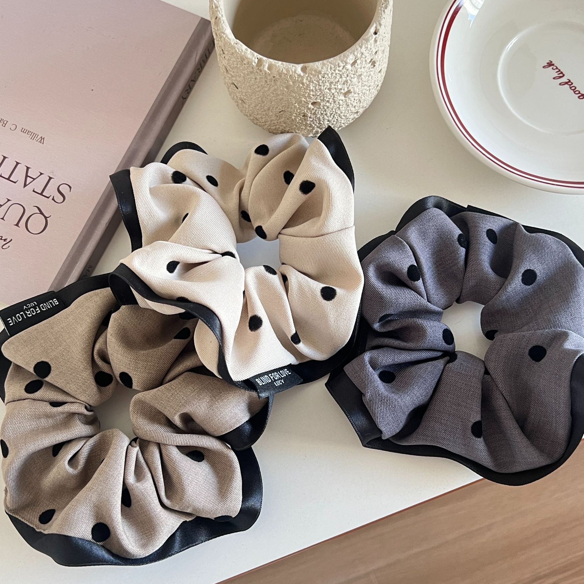 Women's Elegant Cloth Large Bow Hair Tie for Daily Wear Black Polka Dots