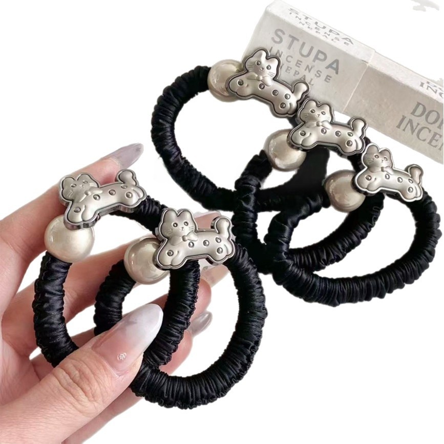 Women's Sweet Beaded Cloth Hair Rubber Band Black Cat Pattern