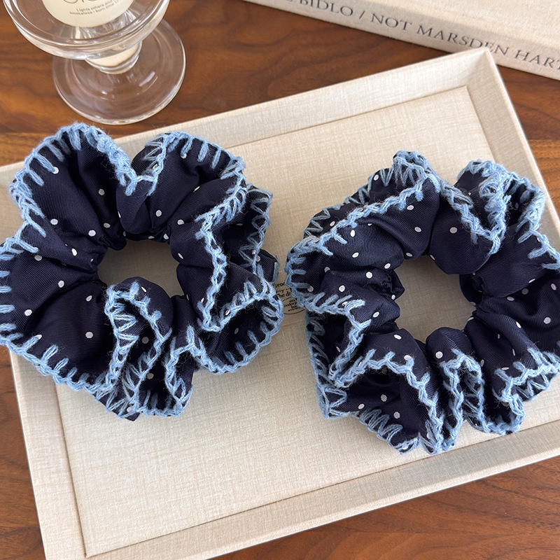 Women's Casual Knitted Lace Half Updo Scrunchie Navy Blue Polka Dot