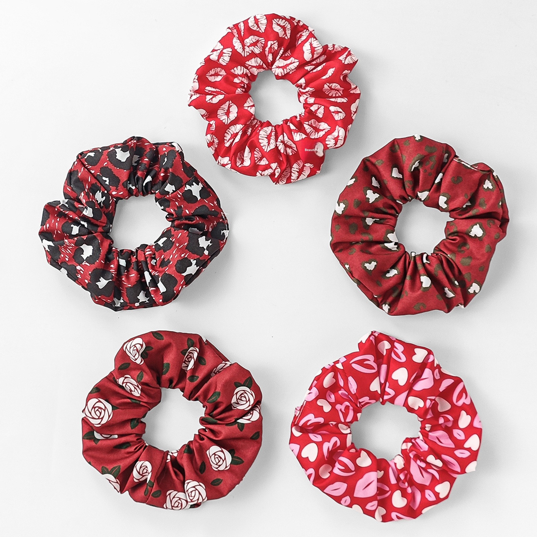 Women's 5-Piece Satin Elastic Hair Ties Valentine Rose Heart Lips Print