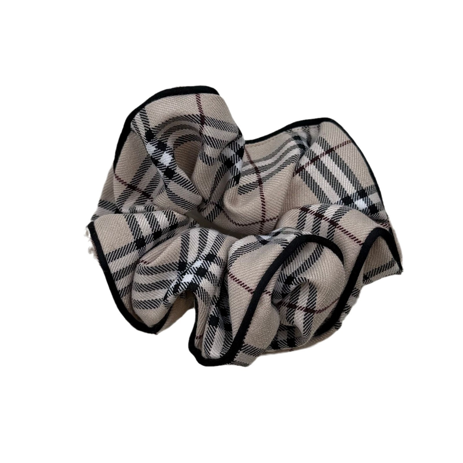 Women's Elegant Scarf Hair Tie Premium Bun Band Plaid Coffee Beige