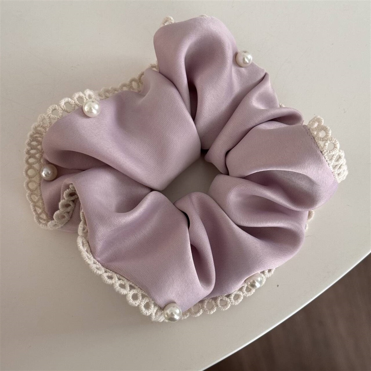 Women's Satin Pearl Lace Bow Elastic Hair Tie For Low Ponytail Solid Color